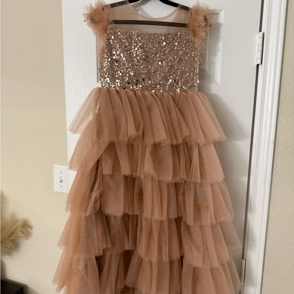Elegant Tan Tiered Kids Dress